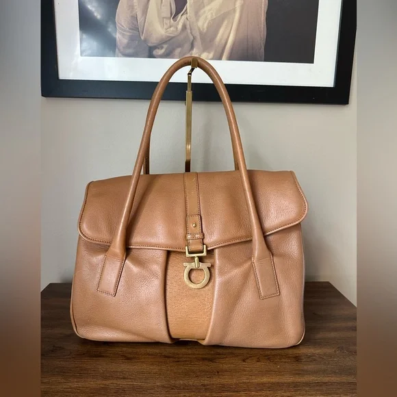 SALVATORE FERRAGAMO Tan Brown Leather Gancini Satchel Flap Bowler Bag Italy - Picture 1 of 10